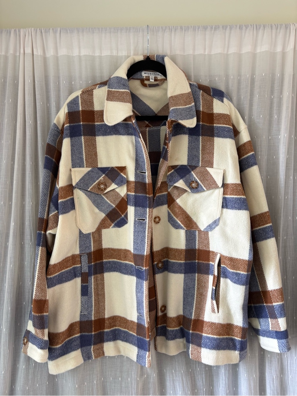 Workshop Republic Clothing Cream, Brown & Blue Plaid Overshirt Jacket